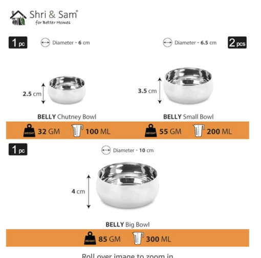 Shri & Sam Stainless Steel Belly Thali Set of 1 People, 8 Pieces - Image 3